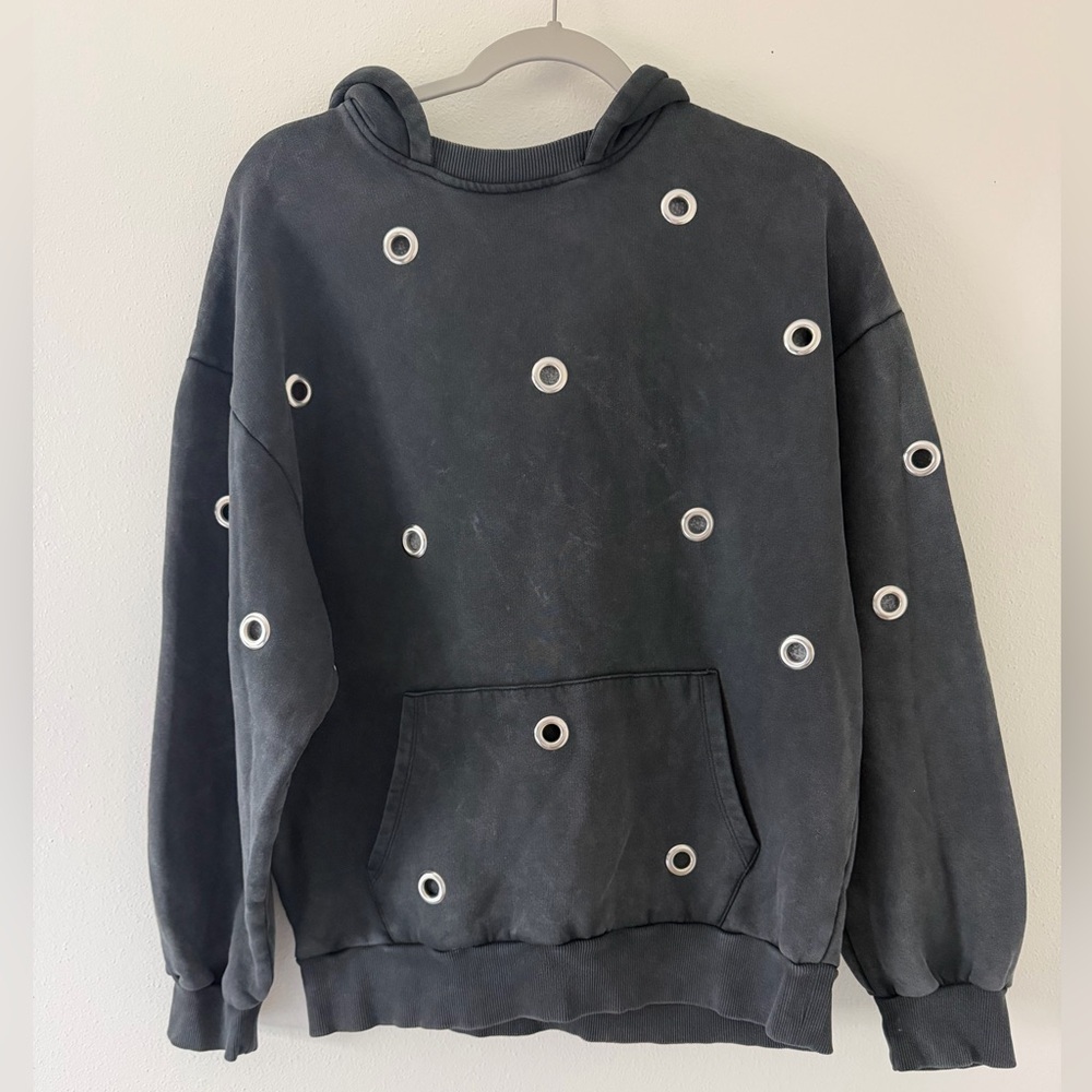 Zara Acid Mineral Wash Black Metal Circle Hoodie size women’s small - Picture 5 of 7